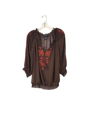 Lena Solano Women's Brown Boho Sheer Embroidered Peasant Blouse With Tassel Tie